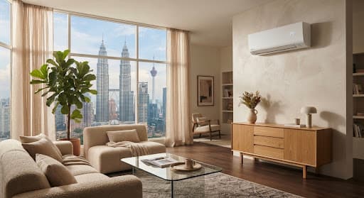Warm modern luxury apartment living room with expansive floor-to-ceiling windows overlooking the Kuala Lumpur skyline with Petronas Towers. Wall-mounted sleek minimalist air conditioner smoothly integrated on textured plaster wall above tailored Scandinavian timber credenza. Soft natural sunlight illuminates plush furnishings, indoor ficus plant, and fine linen curtains.