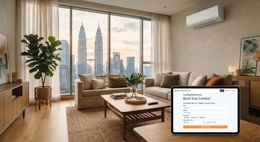 Elegant warm modern tropical living room in Kuala Lumpur with floor to ceiling windows overlooking the Petronas twin towers skyline, minimal neutral wall with sleek wall-mounted air conditioning unit blowing cool gentle air, light oak floors, linen sofa, ficus plant, soft natural afternoon daylight.