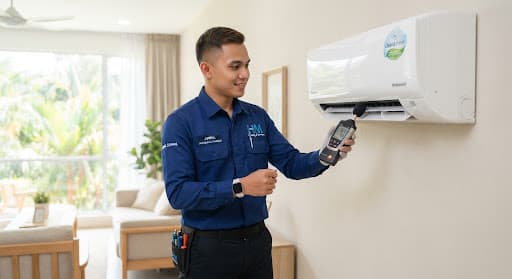 Professional air conditioning service engineer in uniform holding a digital thermal anemometer measuring cool air temperature output of a clean wall-mounted airconditioner in a bright Malaysian home.