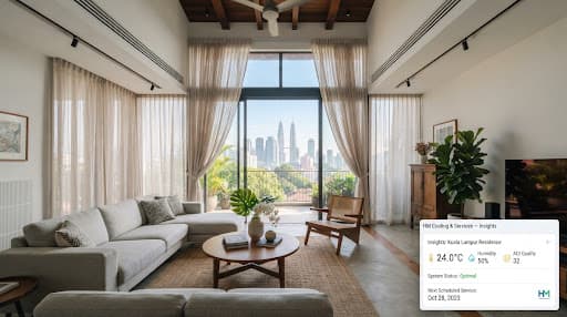 High ceiling modern tropical residential living room in Kuala Lumpur with minimal linear architectural slot diffusers and floor-to-ceiling sheer drapes, bathed in soft afternoon natural daylight, exhibiting immaculate climate control and clean air quality