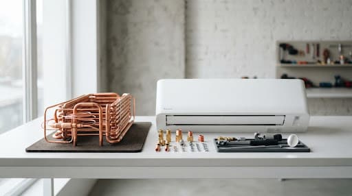 Precision HVAC split indoor unit, exposed high-grade copper coils, and precision assembly toolkit