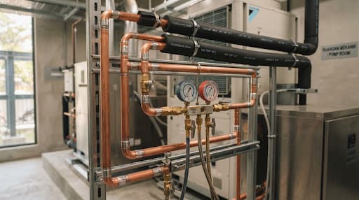Commercial HVAC manifold gauges, high pressure drainage rig and copper conduit setup